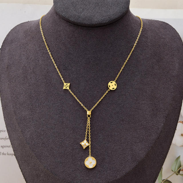 Hollow out clover and star moon pandent stainless steel necklace