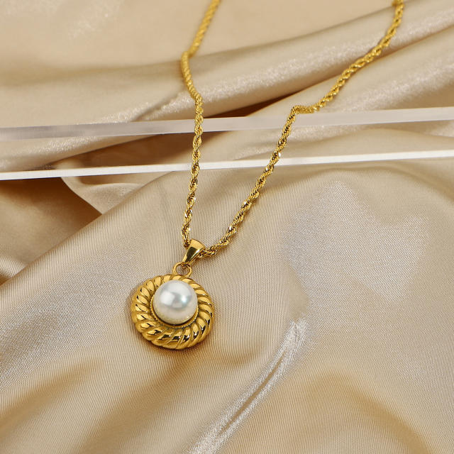 Elegant rope chain with the round pearl pendant stainless steel necklace