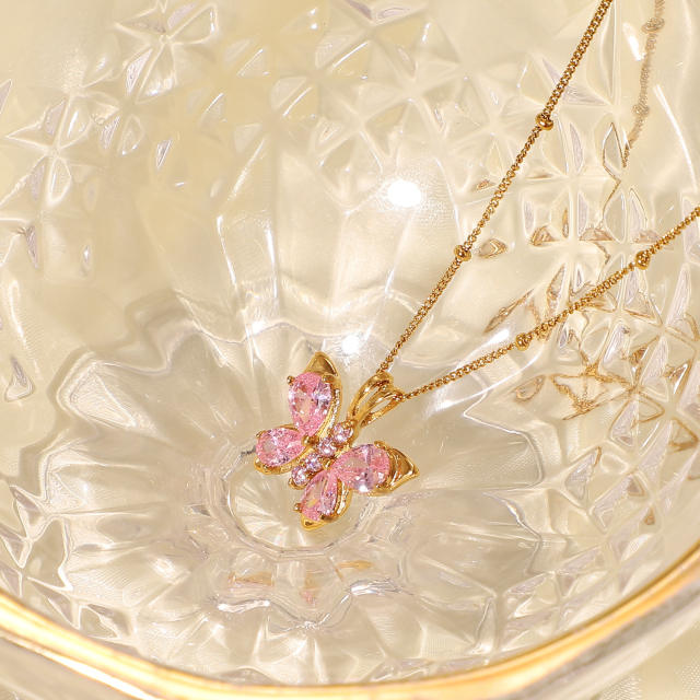 18KG stainless steel pink butterfly pendant dainty necklace