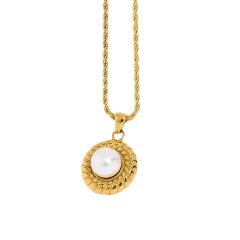 Elegant rope chain with the round pearl pendant stainless steel necklace