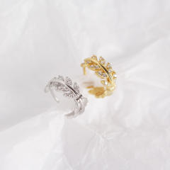 S925 sterling silver rhinestones leaf huggie earrings