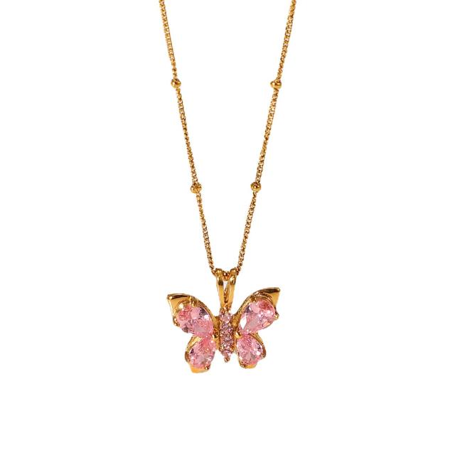 18KG stainless steel pink butterfly pendant dainty necklace