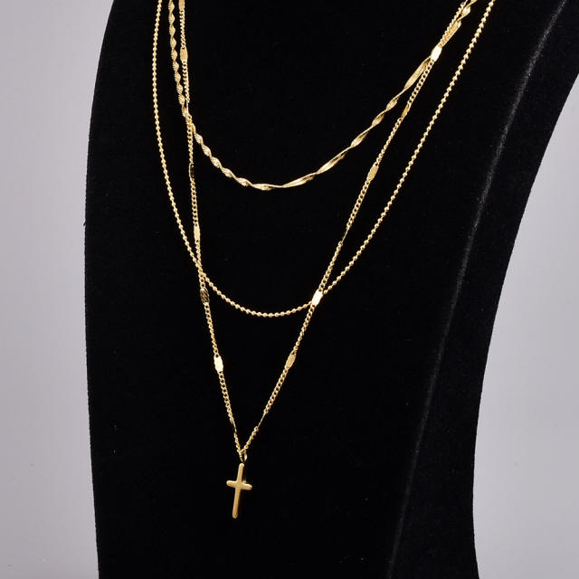 Titanium steel concise 3-layer cross necklace