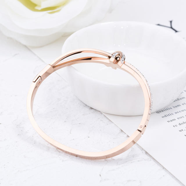 Delicate pave setting gem the bow shape stainless steel bangle bracelet