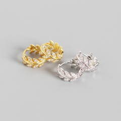 S925 sterling silver rhinestones leaf huggie earrings