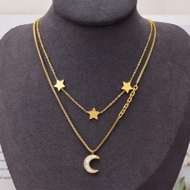 Double layer box chain stainless steel moon and star necklace