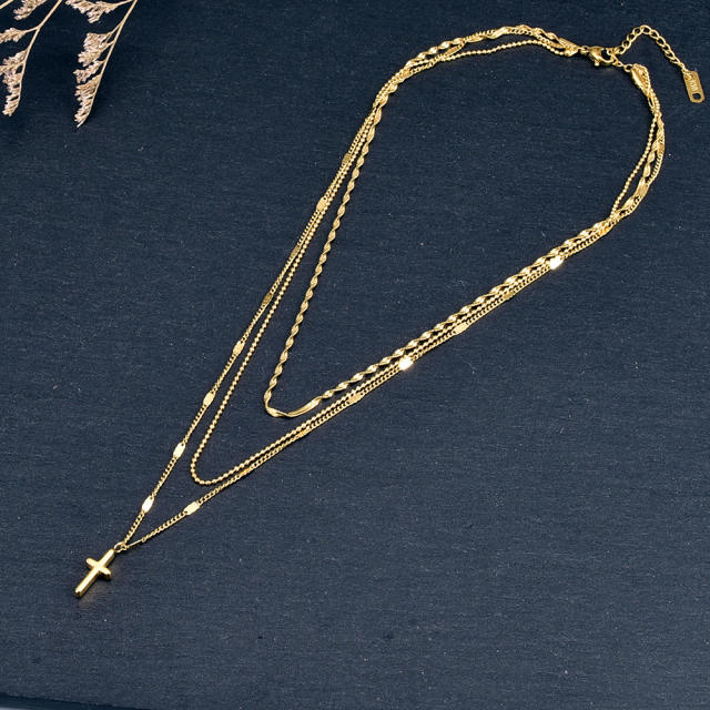 Titanium steel concise 3-layer cross necklace