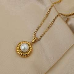 Elegant rope chain with the round pearl pendant stainless steel necklace