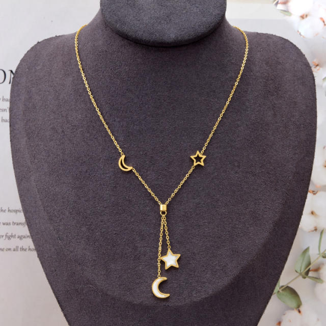 Hollow out clover and star moon pandent stainless steel necklace