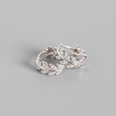 S925 sterling silver rhinestones leaf huggie earrings
