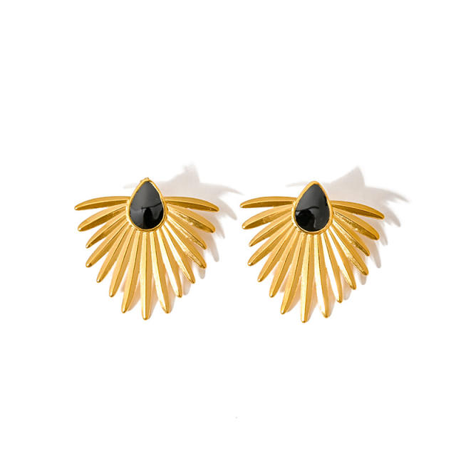 Personality color enamel clover flower fan shape stainless steel earrings