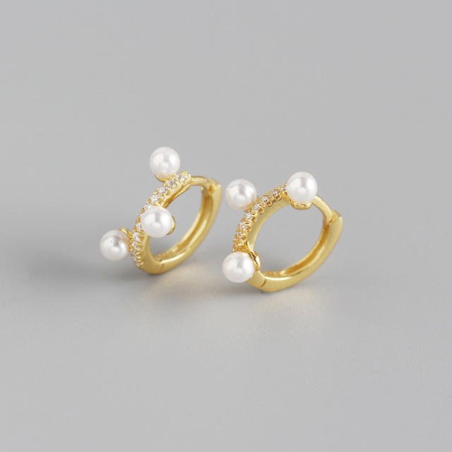zircon pearl S925 sterling silver huggie earrings
