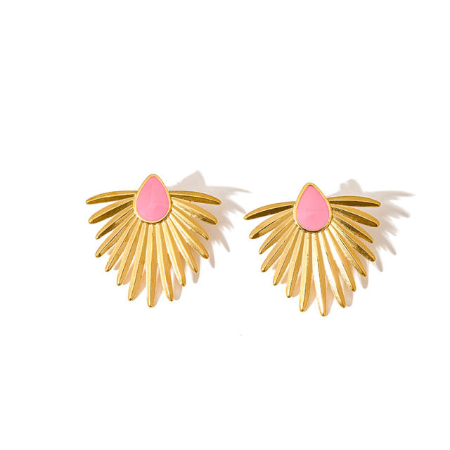 Personality color enamel clover flower fan shape stainless steel earrings