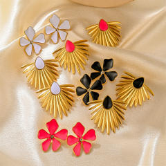 Personality color enamel clover flower fan shape stainless steel earrings