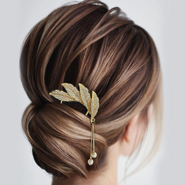 U shape diamond leaf feather design women hair pinks hair sticks