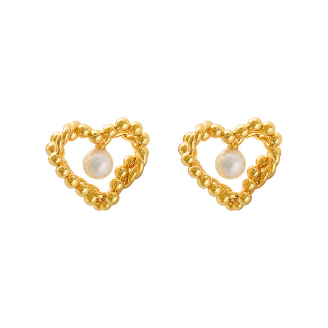 Vintage twisted heart pearl gold plated copper studs earrings