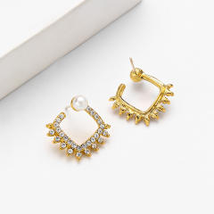 925 needle diamond square shape pearl studs earrings