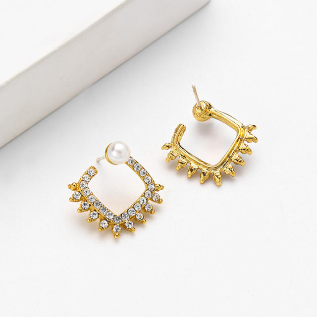 925 needle diamond square shape pearl studs earrings