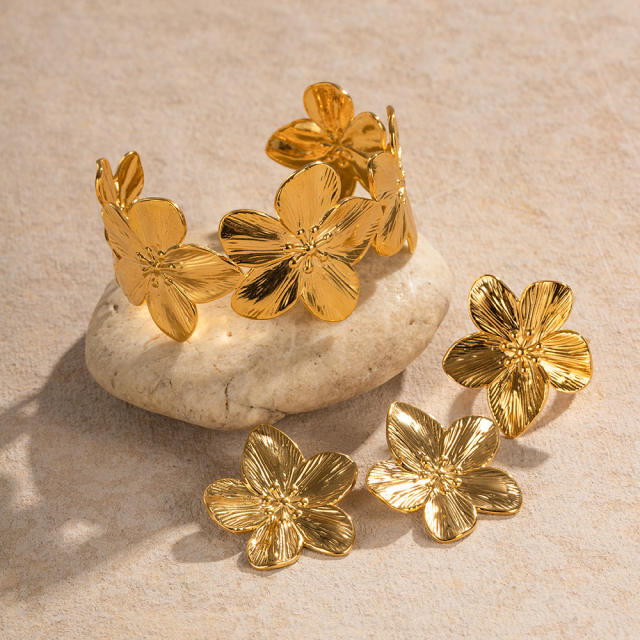 Summer chunky bloom flower beach stainless steel bangle earrings set