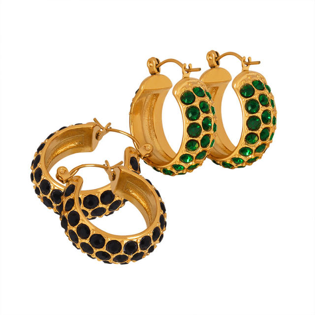 Colorful cubic zircon chunky stainless steel hoop earrings