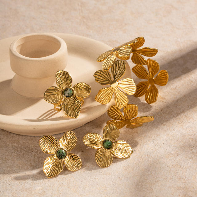 Vintage bloom flower chunky stainless steel bangle earrings rings