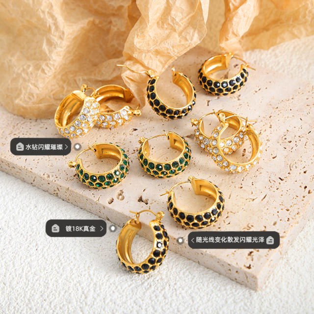 Colorful cubic zircon chunky stainless steel hoop earrings