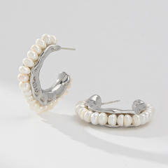 925 needle pearl open hoop earrings