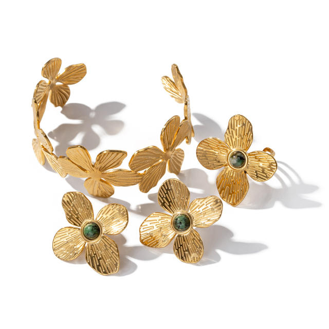 Vintage bloom flower chunky stainless steel bangle earrings rings