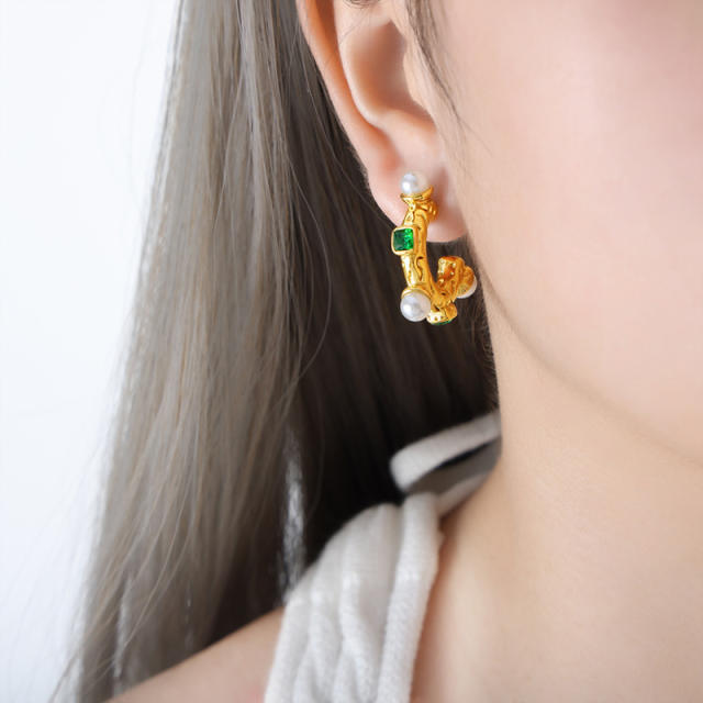 Vintage baroque pearl emerald stainless steel open hoop earrings