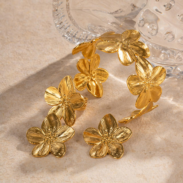 Summer chunky bloom flower beach stainless steel bangle earrings set