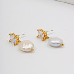925 needle elegant baroque pearl drop copper earrings