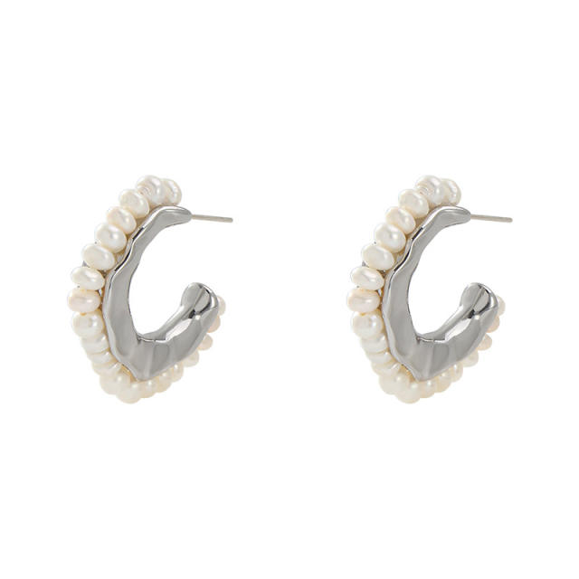 925 needle pearl open hoop earrings
