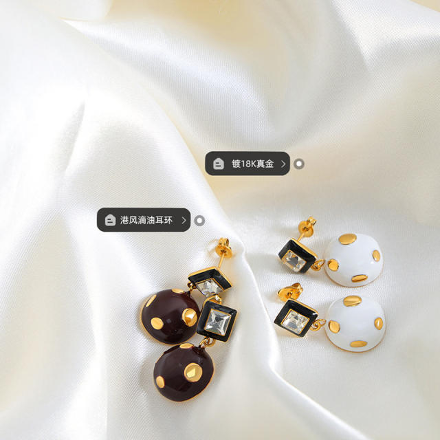 Korean fashion enamel polka dot cute ball stainless steel earrings