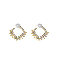 925 needle diamond square shape pearl studs earrings
