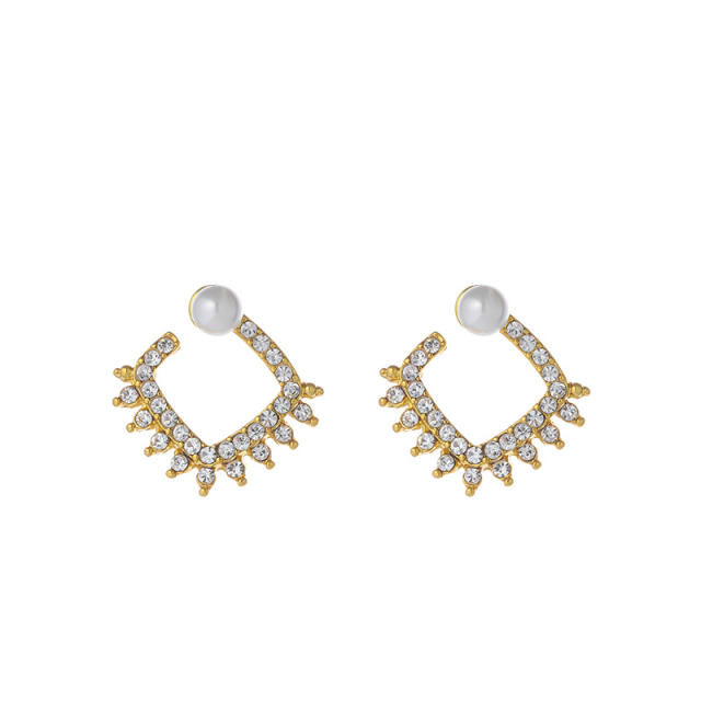 925 needle diamond square shape pearl studs earrings
