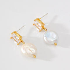 925 needle elegant baroque pearl drop copper earrings