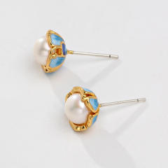 925 needle sweet enamel flower pearl studs earrings