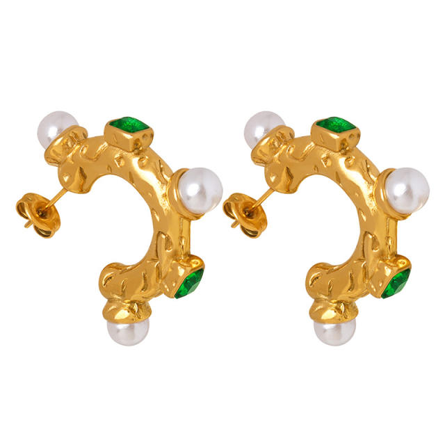 Vintage baroque pearl emerald stainless steel open hoop earrings