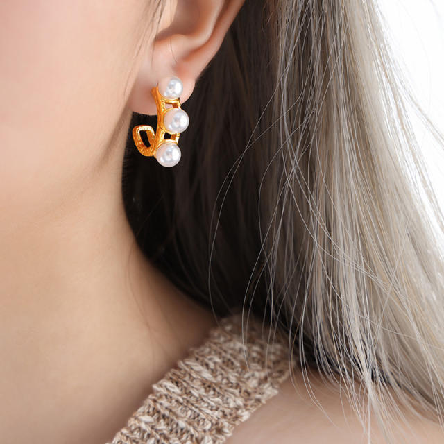 Vintage pearl bead stainless steel open hoop earrings