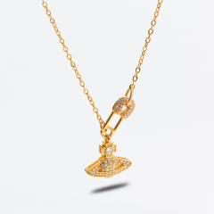 18K delicate diamond paperclip saturn pendant copper necklace