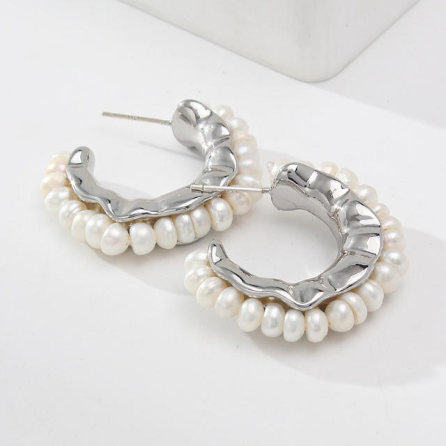 925 needle pearl open hoop earrings