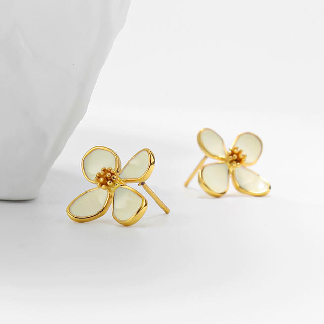 925 needle elegant bloom flower enamel copper studs earrings