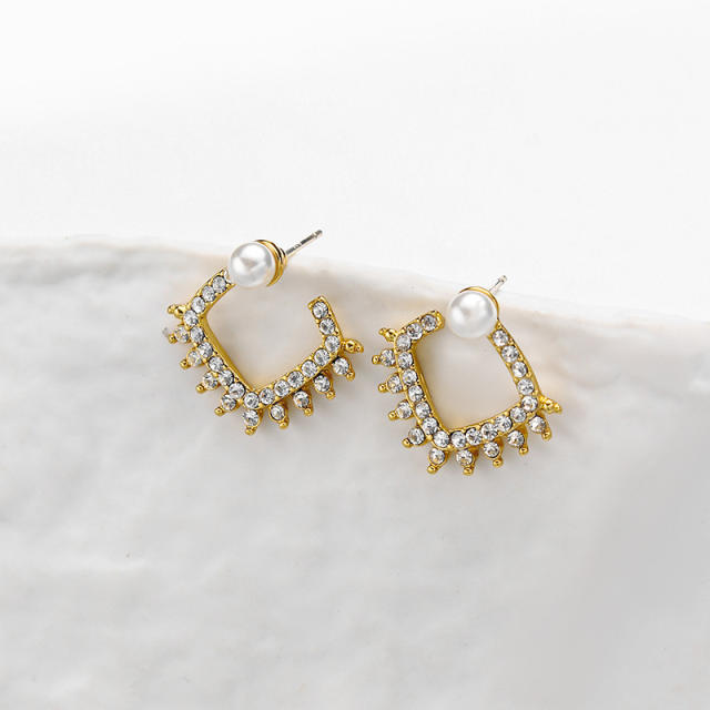 925 needle diamond square shape pearl studs earrings