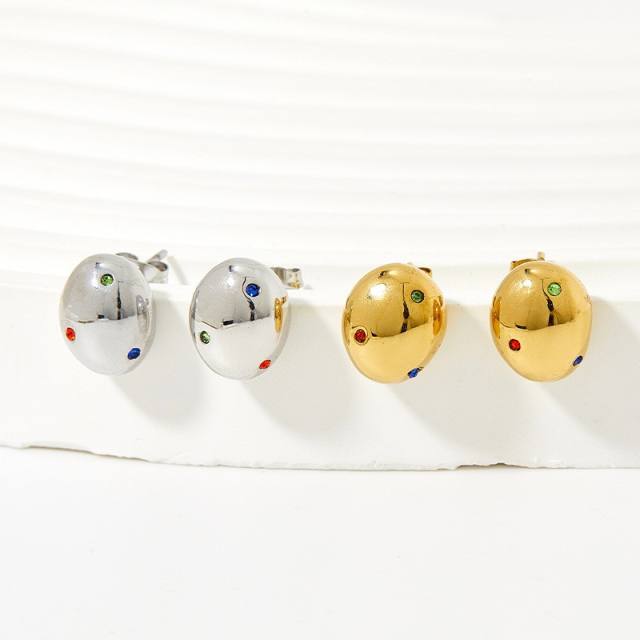 Popular color cubic zircon chunky ball geometric stainless steel earrings