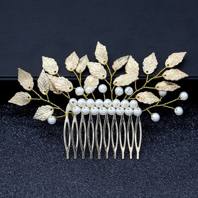 Baroque gold silver leaf pearl bead hair combs