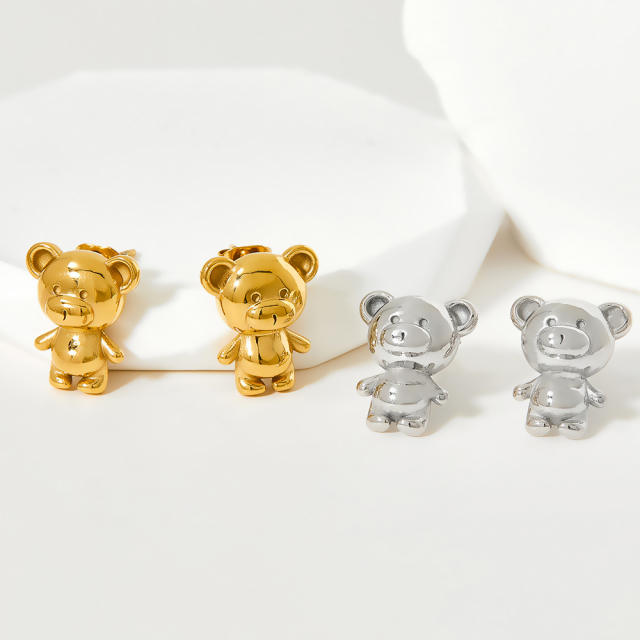 Cute funny bear chunky stainless steel studs earrings