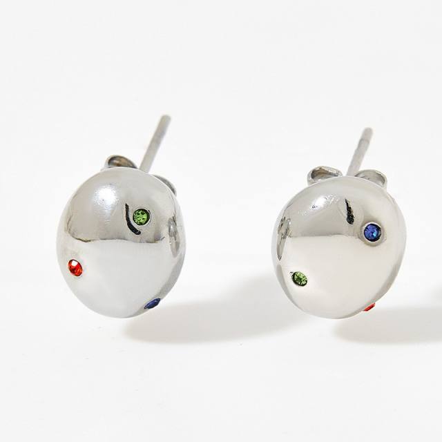 Popular color cubic zircon chunky ball geometric stainless steel earrings
