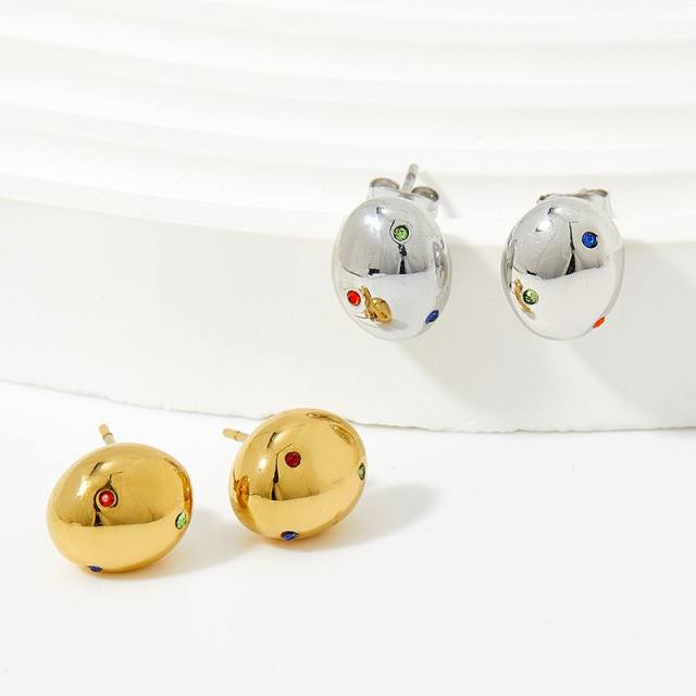 Popular color cubic zircon chunky ball geometric stainless steel earrings