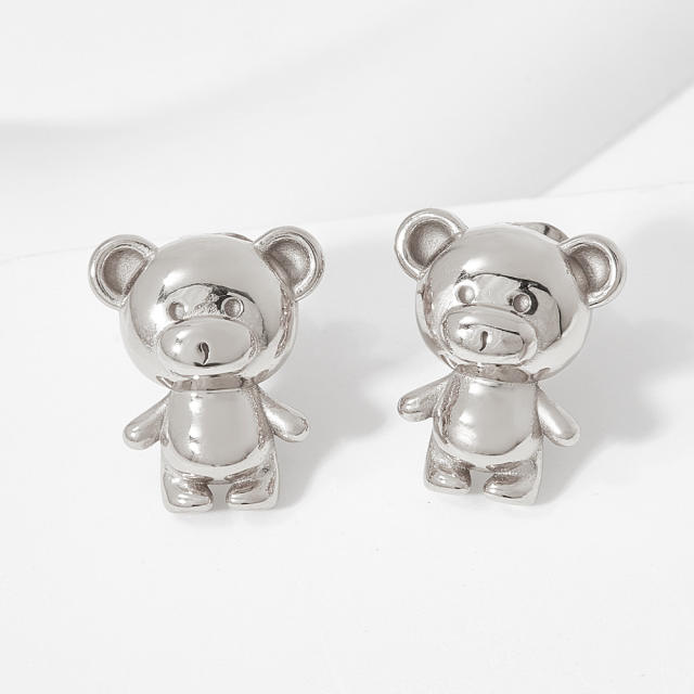 Cute funny bear chunky stainless steel studs earrings