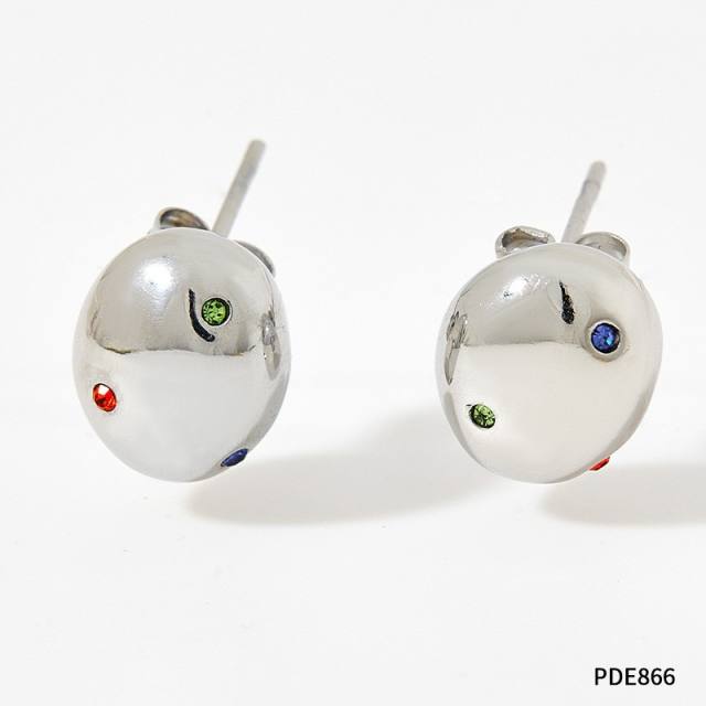 Popular color cubic zircon chunky ball geometric stainless steel earrings